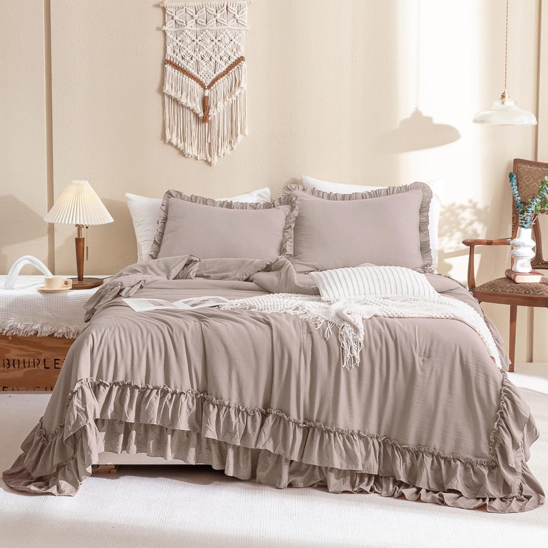 QSH Shabby Ruffled Comforter Set 3 Pieces, Lightweight Taupe Bed Comforter,Microfiber Inner Fill Bedding King Size - Image 2